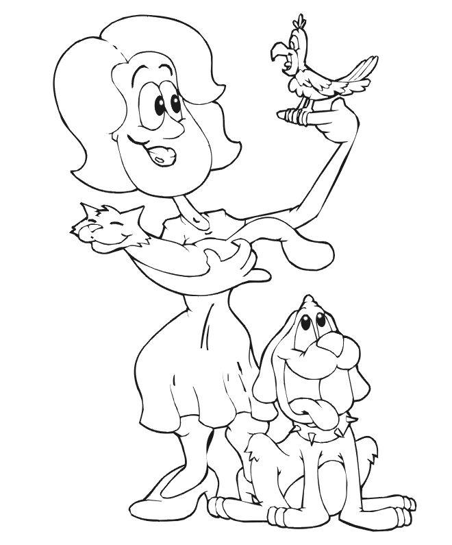 dog coloring page | woman with dogs, cat &amp; bird