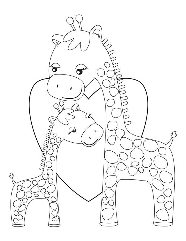 giraffes hugging - free printable coloring pages