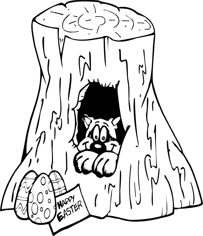 happy easter coloring page | a happy easter sign by a tree stump