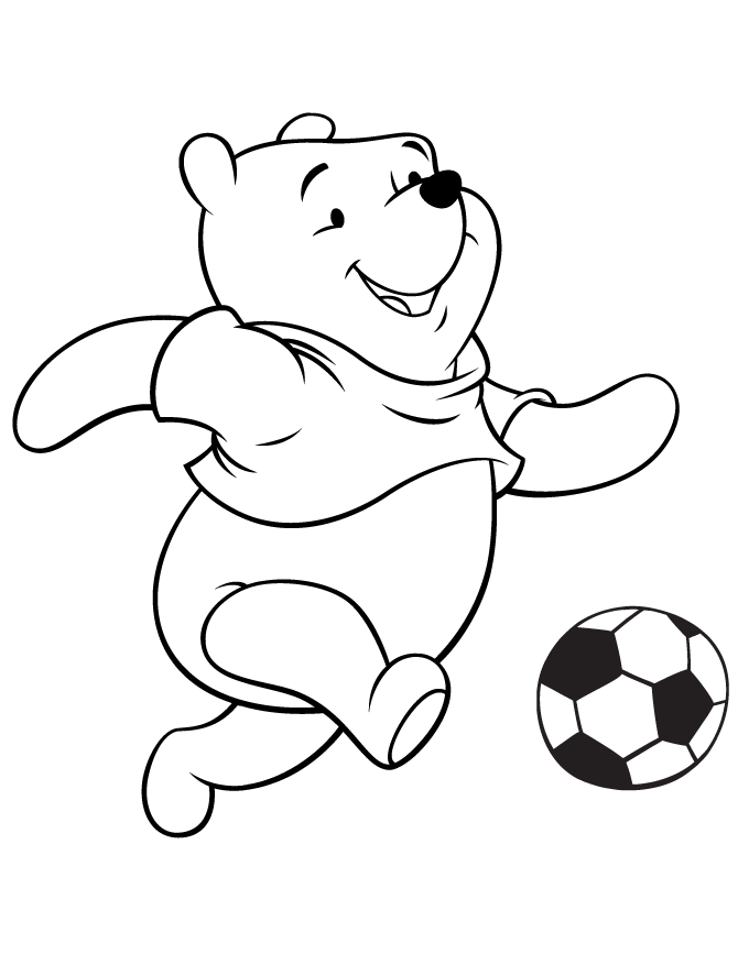 winnie the pooh bear kicking soccer ball coloring page