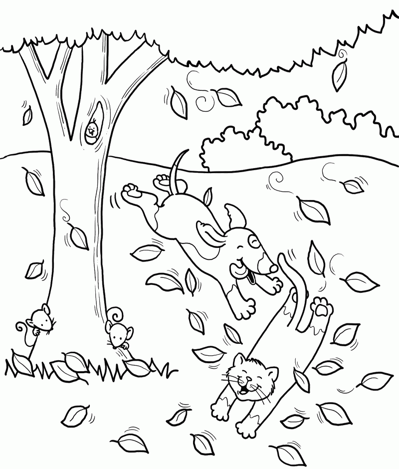 cat and dog playing in the fall tree coloring page: cat and dog 
