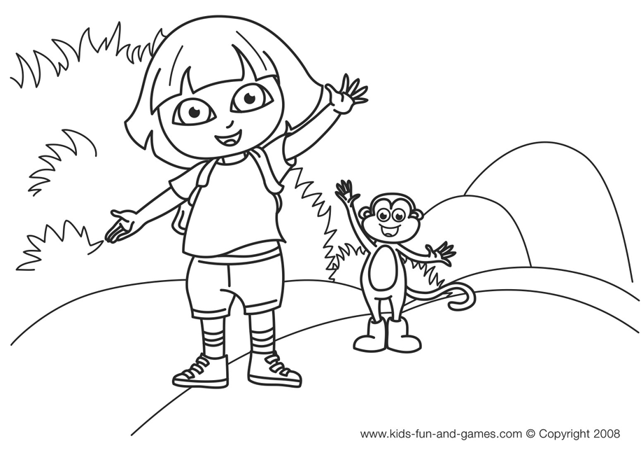 dora & boots smiling and waving in the hills printable coloring sheet