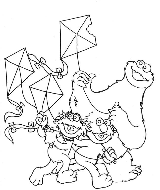 cookie monster and friends playing kites coloring pages - cookie 