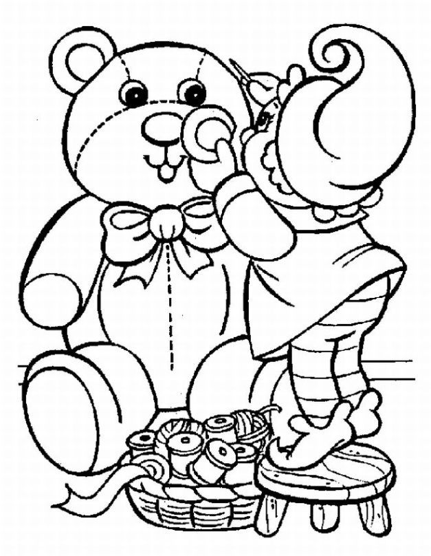 elf building a teddy bear toy - printable christmas coloring page for kids