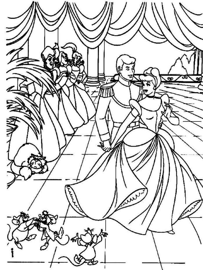 cinderella in ball with prince disney coloring pages - princess 