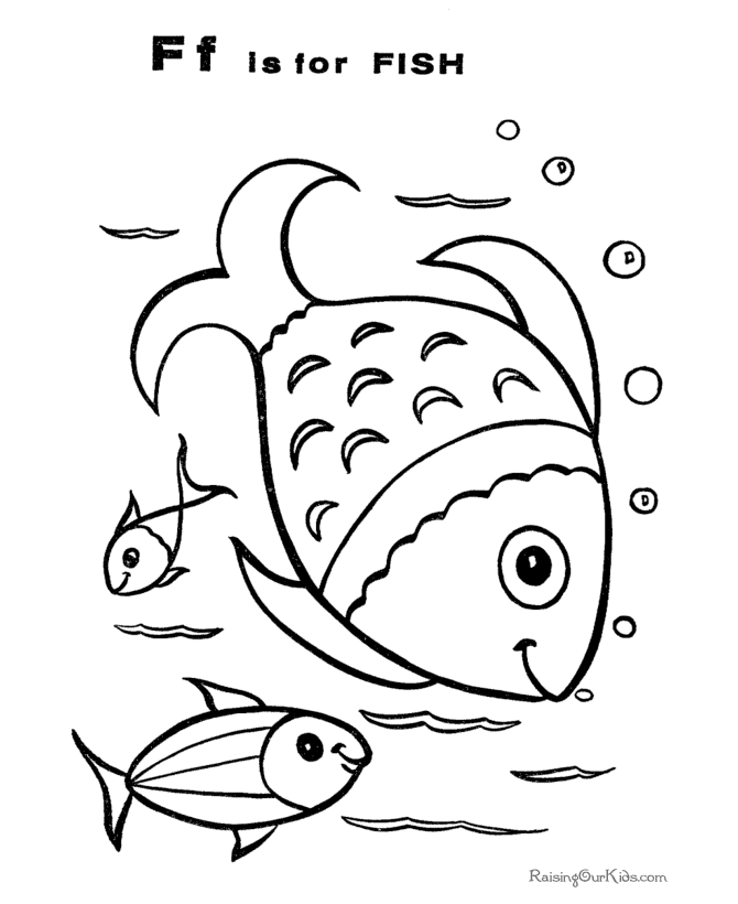 letter f is for fish. fishes free printable coloring book page