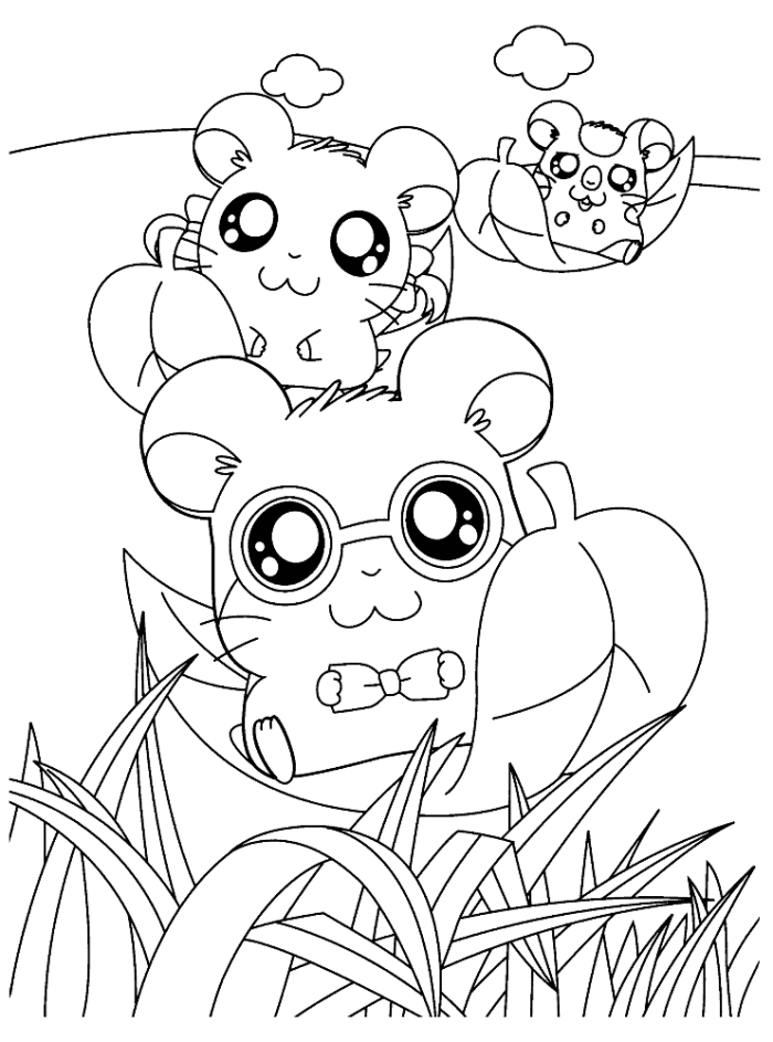 hamsters having corn hamtaro coloring page - cartoon coloring 